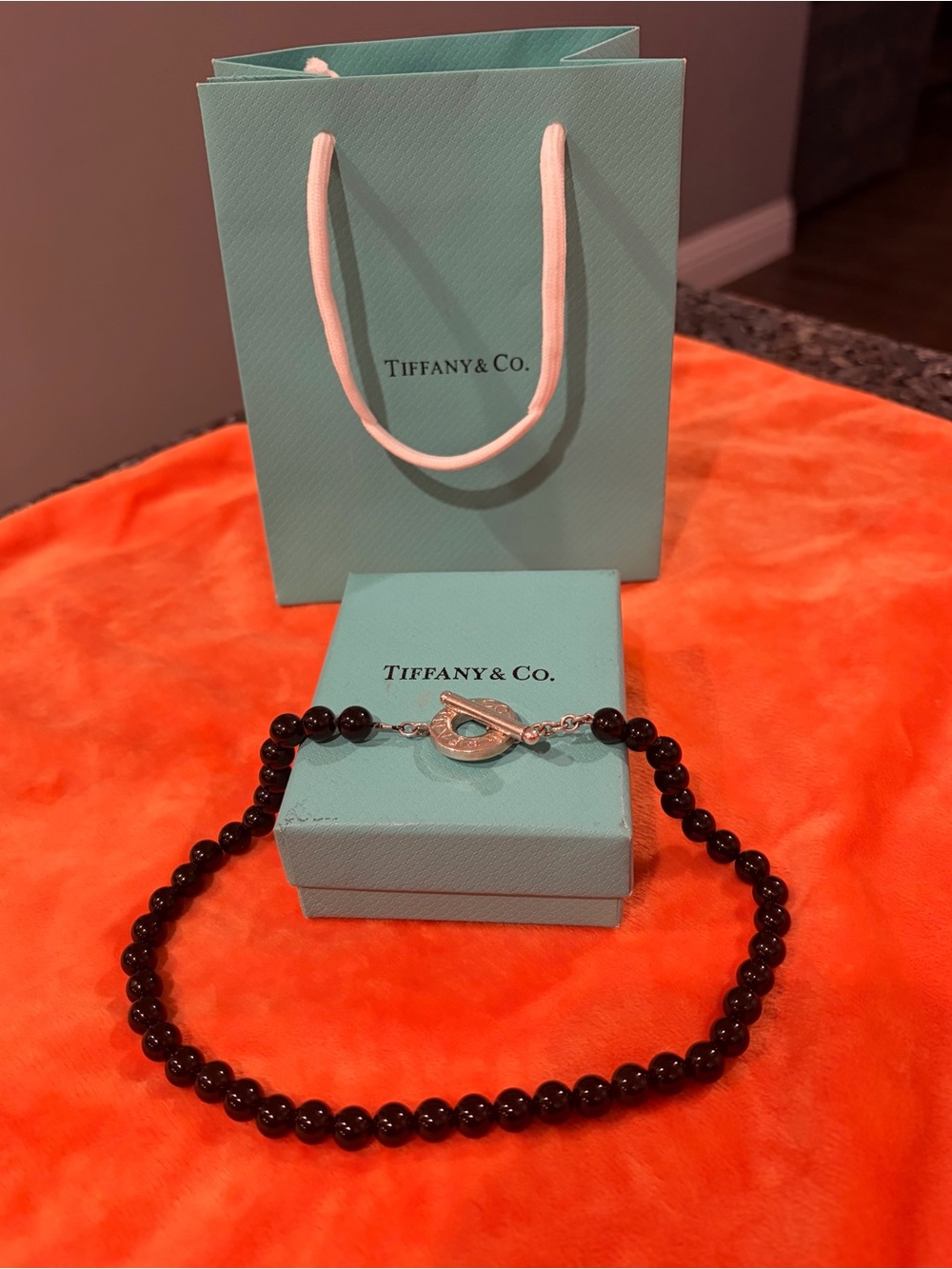 Tiffany & Co. Black Bead Necklace with Silver Teardrop Clasp